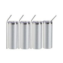 Load image into Gallery viewer, Craft Express 4 Pack 20oz Silver Glitter Stainless Steel Skinny Sublimation Tumblers